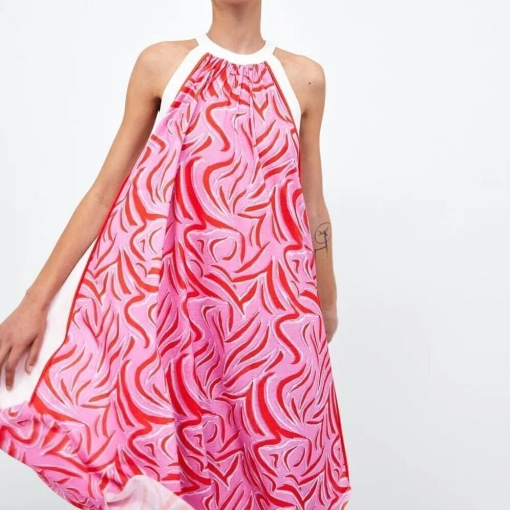 NWT Goodnight Macaroon Pink Orange Print Swing Dress High Neck Womens Small